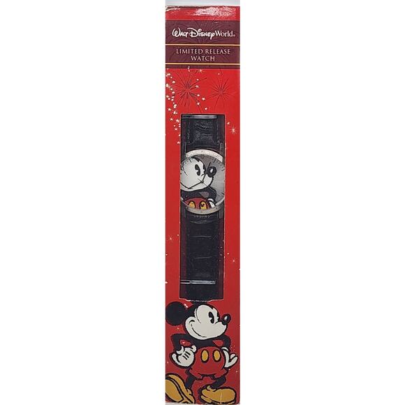 Disney Mickey Mouse Limited Release Watch Need Battery Silver Tone Black Leather - Picture 1 of 2
